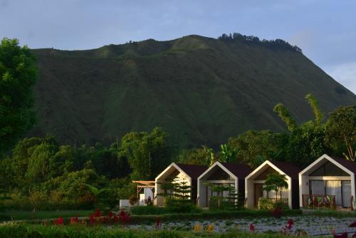 a row of cottages in front of a mountain at Rautani Sembalun in Sembalun Lawang