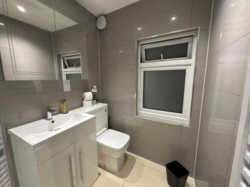 a bathroom with a toilet and a sink and a window at The Hideaway Haven in Belvedere