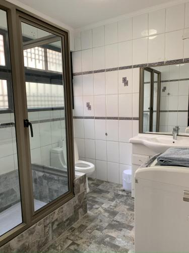 a bathroom with a toilet and a sink and a mirror at Apart Hotel Vicencio Iquique in Iquique