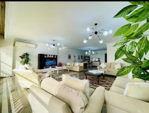 a living room with white furniture and a flat screen tv at Family apartment at The Nile maadi in Cairo
