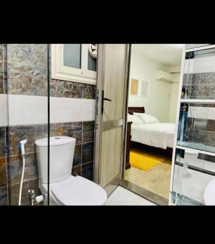 a bathroom with a toilet and a glass shower at Family apartment at The Nile maadi in Cairo