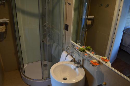 a bathroom with a shower and a sink at Ruta Hotel Alto La Cruz in Los Ángeles