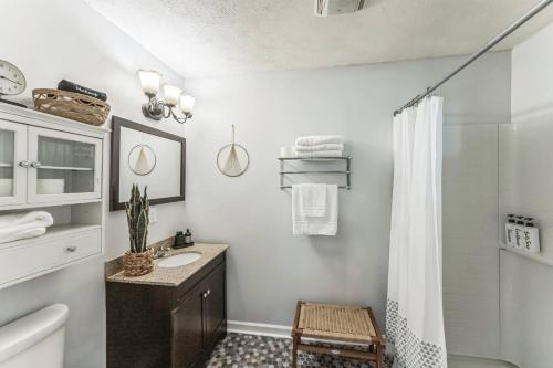a bathroom with a shower curtain and a sink at Old School Charm | Sleeps 6 in Buchanan