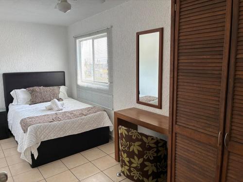 a bedroom with a bed and a mirror at Extraordinario departamento in Guadalajara