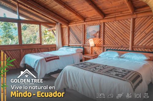 two beds in a room with wooden walls and windows at GOLDEN TREE MINDO ECO-LODGE in Mindo
