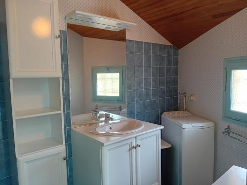 une salle de bain avec un lavabo et des toilettes dans l'établissement Villa à Seignosse : près forêt et océan, terrasse, parking gratuit - FR-1-239-1129, à Seignosse