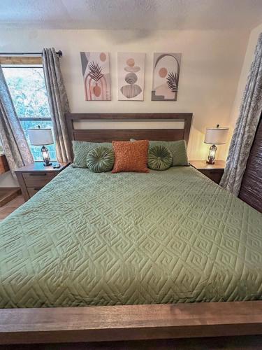a bedroom with a bed with a green comforter at Sanctuary on the Frio in Concan