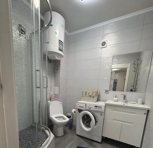 a bathroom with a washing machine and a toilet at Mint Apartment Солнечное Закарпатье in Polyana