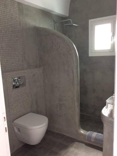 a bathroom with a shower and a toilet in it at Villa Happening in Imerovigli