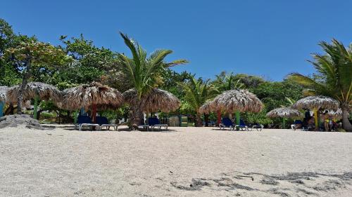 a sandy beach with chairs and palm trees on it at CortLang Vacation Rentals, Costambar in San Felipe de Puerto Plata