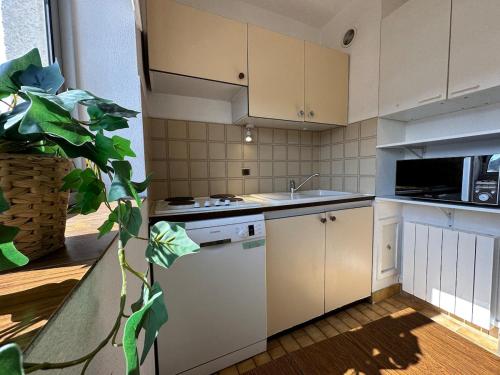une cuisine avec des placards blancs et une plante dans l'établissement FREE Parking, Proche Gare, PLAGE, Centre, Netflix, à Arcachon
