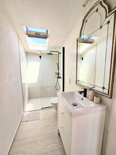 a bathroom with a toilet and a sink and a mirror at Stone Villa at the Vrelo in Dobra Voda