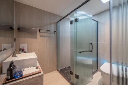 a bathroom with a shower and a sink and a toilet at Yunshang Xiyuan in Lijiang