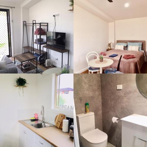 two images of a room with a bathroom and a bedroom at The Blue Wren free wifi in Branxton