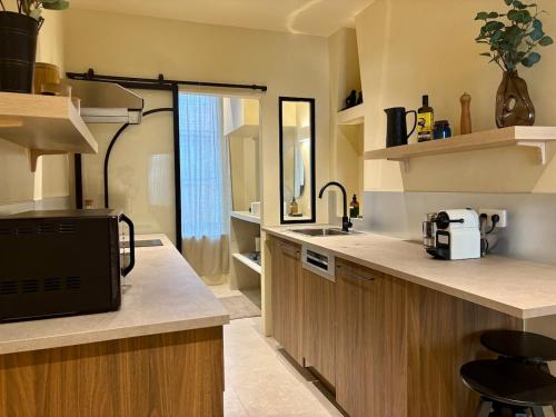 Il comprend une cuisine équipée d'un évier et d'un comptoir avec un four micro-ondes. dans l'établissement Le George Ville, à Nice