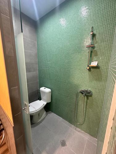 a green tiled bathroom with a toilet and a shower at Formula 1 Motel in Byala Ruse
