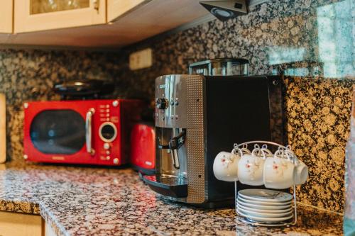 a kitchen counter with a toaster and some plates at Chata Bella in Smižany