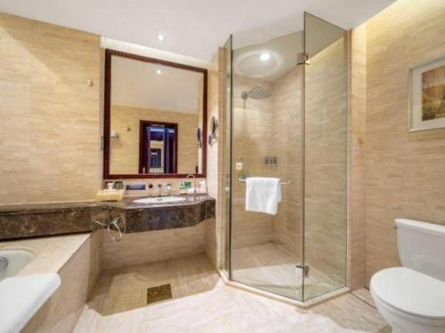 a bathroom with a shower and a toilet and a sink at Northwest Petroleum Hotel in Ürümqi