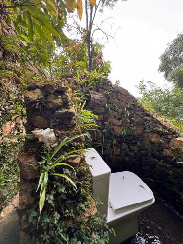 a toilet sitting next to a stone wall at Wild Heart Glamping in Ella