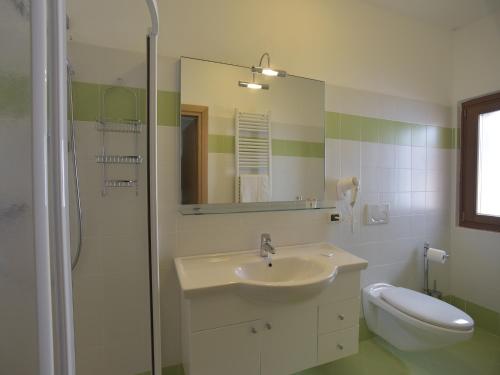 a bathroom with a sink and a toilet and a shower at Rifugio Fedaia in Malga Ciapela