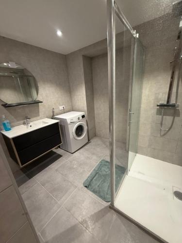 a bathroom with a shower and a washing machine at L échappée verte - 6 voyageurs - 2 chambres in Barr