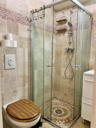 La salle de bains est pourvue d'une douche et de toilettes en bois. dans l'établissement Appartement Vieux- Nice proche Garibaldi, à Nice