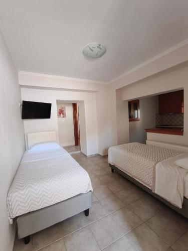 a bedroom with two beds and a flat screen tv at Daniela Apartments in Nea Roda