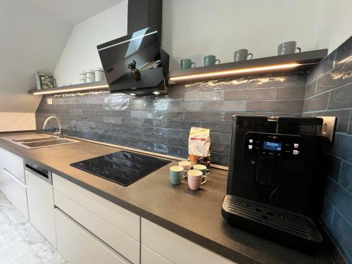 a kitchen with a counter with a coffee maker on it at Elysian apartment 1 in Trenčín