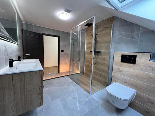 a bathroom with a shower and a toilet and a sink at Elysian apartment 1 in Trenčín