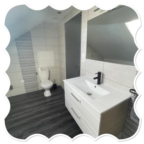 une salle de bain avec un lavabo, des toilettes et un miroir dans l'établissement Le Grenier de Marie, à Bozouls