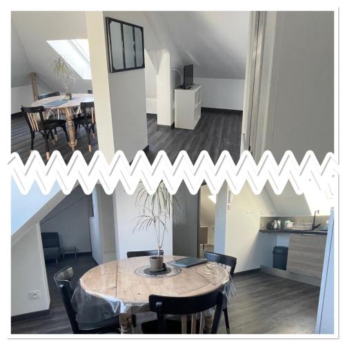 une pièce avec une table et des chaises et une cuisine dans l'établissement Le Grenier de Marie, à Bozouls