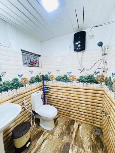 a bathroom with a toilet and a tv on the wall at Green Bird Villa in Dickwella