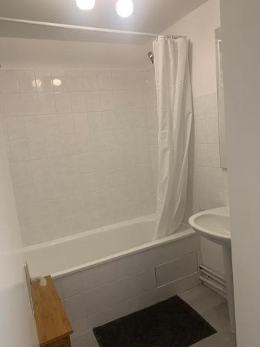 une salle de bain avec une baignoire blanche et un lavabo dans l'établissement Bayonne Saint Esprit 2-room apartment, à Bayonne