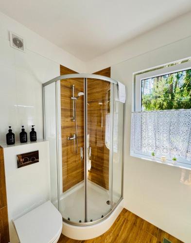 a bathroom with a shower with a toilet and a window at Leśne zacisze nad Narwią in Ostrykół Włościański