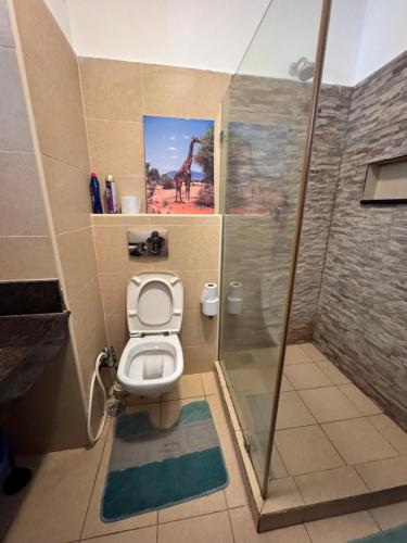 a bathroom with a toilet and a shower with a picture of a giraffe at Goldensun Resort Studio in Diani Beach