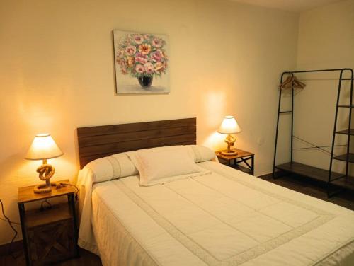 a bedroom with a large bed with two lamps at La Casa de la Abuela 