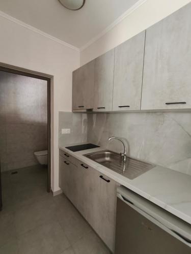 a white kitchen with a sink and a toilet at Daniela Apartments in Nea Roda