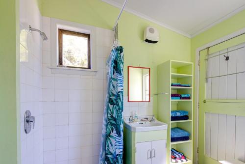 a bathroom with a shower and a sink at Te Kōpuha in Tora