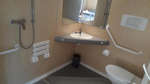 a bathroom with a sink and a toilet and a mirror at Camping Le Balcon de Chartreuse in Miribel-les-Échelles