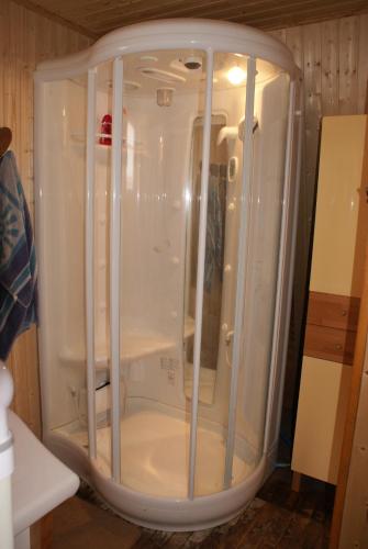 - une douche dans une chambre avec une porte en verre dans l'établissement Chalet les bruyeres, à Corrençon-en-Vercors