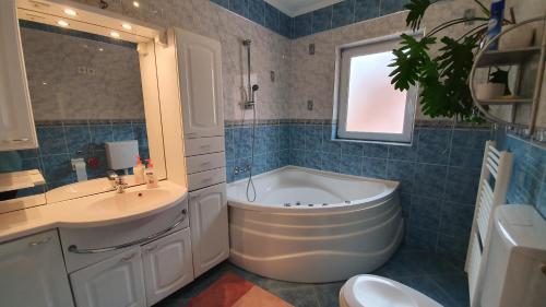 a bathroom with a large tub and a sink at Liget Nyaralóház és Apartman Liget in Szilvásvárad