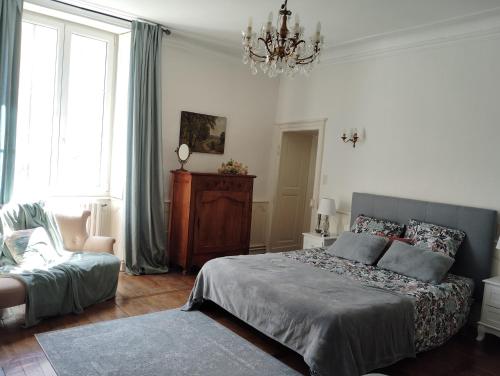 a bedroom with a bed and a chandelier at La Maison d'Adèle in Neufchâteau