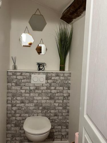 La salle de bains est pourvue de toilettes et d'un mur en briques. dans l'établissement Misenga, à Beaulieu-sous-la-Roche