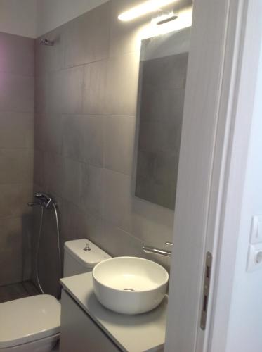 a bathroom with a sink and a toilet and a mirror at Liopi Village Andros in Órmos