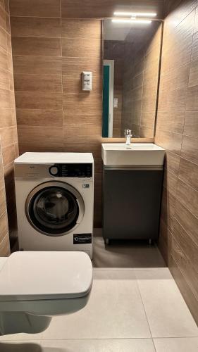a bathroom with a washing machine and a sink at Fűzliget2 - Balaton Bliss in Balatonfůzfő
