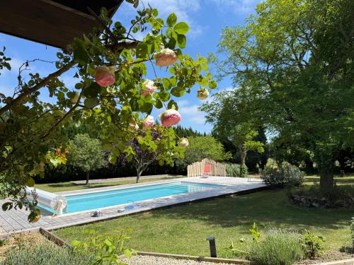 a swimming pool in a yard with trees at INSTANT ZEN in Saint-Vivien-de-Médoc