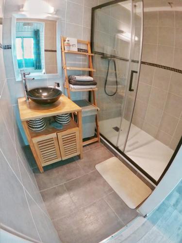 une salle de bain avec un lavabo et une douche dans l'établissement Les Caravelles chalets de Tarbes, à Tarbes