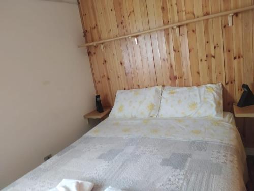 a bedroom with a bed and a wooden wall at Da Santina 23 in Frassineto