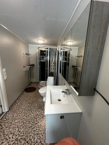 a bathroom with two toilets and a sink and mirror at Lyngen Blue House in Lyngseidet