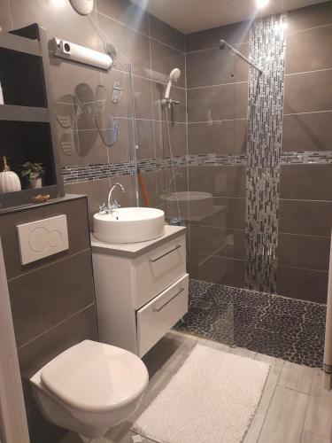 une salle de bain avec toilettes, lavabo et douche dans l'établissement Marseille centre loc, à Marseille